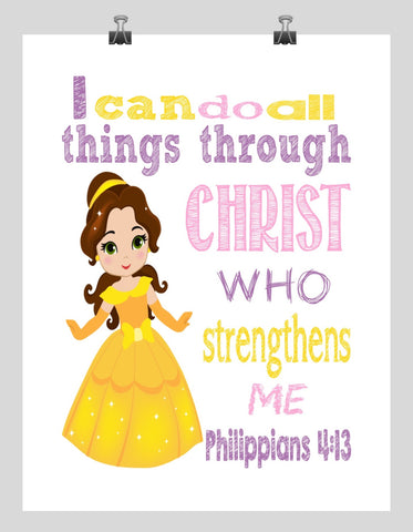 Belle Christian Princess Nursery Decor Art Print - I Can Do All Things Through Christ Who Strengthens Me - Philippians 4:13
