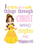 Belle Christian Princess Nursery Decor Art Print - I Can Do All Things Through Christ Who Strengthens Me - Philippians 4:13