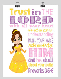 Belle Christian Princess Nursery Decor Wall Art Print - Trust in the Lord with all your heart - Proverbs 3:5-6