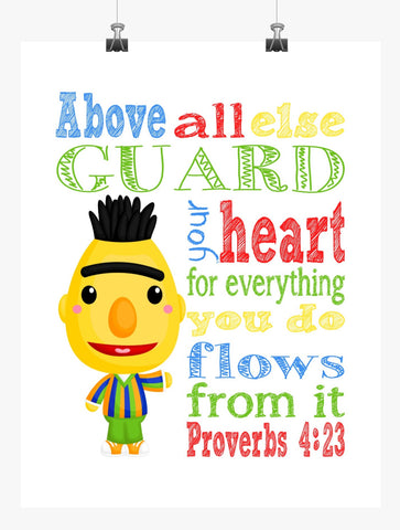 Bert Sesame Street Christian Nursery Decor Print, Above all else Guard your Heart - Proverbs 4:23