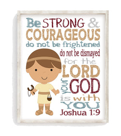 David and Goliath Biblical Superhero Christian Nursery Decor Unframed Print Be Strong and Courageous Joshua 1:9