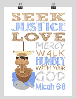 Biblical Christian Superhero Nursery Print Jonah and the Whale - Seek Justice Love Mercy Walk Humbly with your God - Micah 6:8