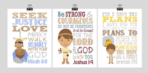 Biblical Christian Superhero Nursery Art Print Set of 3 - David & Goliath, Jonah and the Whale, Daniel in the Lion's Den