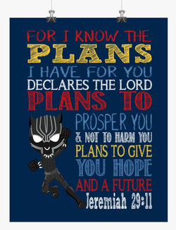 Black Panther Christian Superhero Nursery Decor Art Print - For I Know The Plans I Have For You - Jeremiah 29:11
