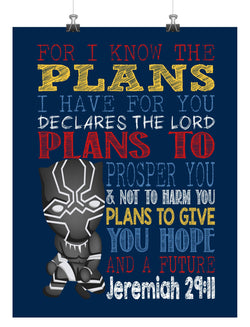 Black Panther Christian Superhero Nursery Decor Art Print - For I Know The Plans I Have For You - Jeremiah 29:11