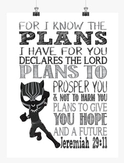 Black Panther Christian Superhero Nursery Decor Art Print - For I Know The Plans I Have For You - Jeremiah 29:11