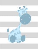 Safari Nursery Art Set of 3 Prints - Elephant, Giraffe, Hippo - Blue Gray Stripes Print
