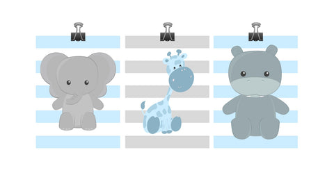 Safari Nursery Art Set of 3 Prints - Elephant, Giraffe, Hippo - Blue Gray Stripes Print