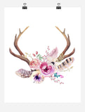 Boho Antlers Tribal Watercolor Nursery Wall Art Print - Multiple Sizes