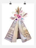 Boho Teepee Tribal Watercolor Nursery Wall Art Print - Multiple Sizes