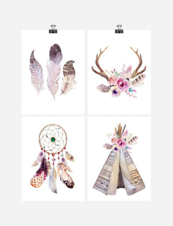 Boho Tribal Watercolor Nursery Decor Set of 4 Prints Available in Multiple Sizes