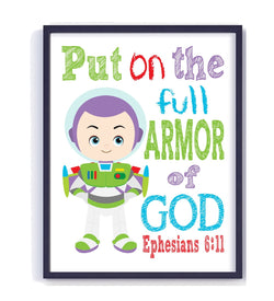 Buzz Lightyear Toy Story Christian Nursery Decor Unframed Print Put on the full Armor of God Ephesians 6:11