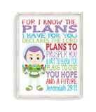 Buzz Lightyear Toy Story Christian Nursery Decor Print, For I Know The Plans I Have For You, Jeremiah 29:11