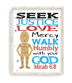 C-3PO Christian Space Wars Nursery Decor Unframed Print Seek Justice Love Mercy - Micah 6:8