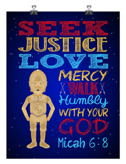 C-3PO Christian Space Wars Nursery Decor Unframed Print, Seek Justice Love Mercy - Micah 6:8 Bible Verse
