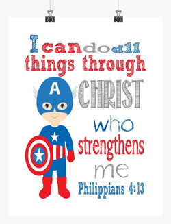 Captain America Superhero Nursery Print - I Can Do All Things Through Christ Who Strengthens Me - Philippians 4:13