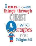 Captain America Superhero Nursery Print - I Can Do All Things Through Christ Who Strengthens Me - Philippians 4:13