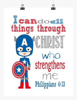 Captain America Superhero Nursery Print - I Can Do All Things Through Christ Who Strengthens Me - Philippians 4:13