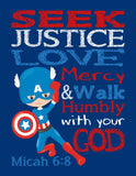 Christian Superhero Nursery Decor Set of 4 Prints - Ironman, Captain America, Spiderman and Hulk with Bible Verses