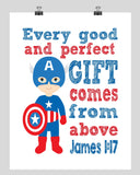 Captain America Superhero Christian Nursery Decor Print - Every Good and Perfect Gift Comes From Above - James 1:17