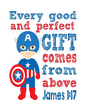 Captain America Superhero Christian Nursery Decor Print - Every Good and Perfect Gift Comes From Above - James 1:17