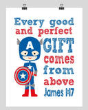 Captain America Superhero Christian Nursery Decor Print - Every Good and Perfect Gift Comes From Above - James 1:17