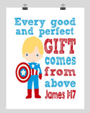 Captain America Superhero Christian Nursery Decor Print - Every Good and Perfect Gift Comes From Above - James 1:17