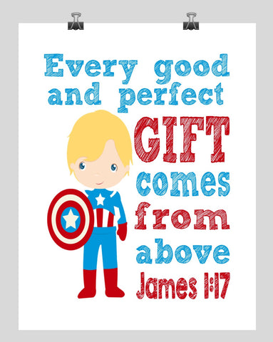 Captain America Superhero Christian Nursery Decor Print - Every Good and Perfect Gift Comes From Above - James 1:17