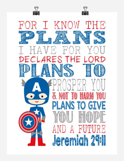 Captain America Superhero Christian Nursery Decor Print, For I Know The Plans I Have For You, Jeremiah 29:11