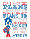Captain America Superhero Christian Nursery Decor Print, For I Know The Plans I Have For You, Jeremiah 29:11
