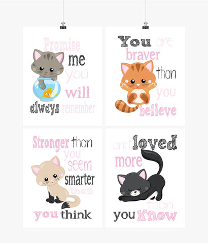 Cats Motivational Nursery Decor Set of 4 Prints Promise Me You will Always Remember You are Braver, Stronger, Smarter, and Loved
