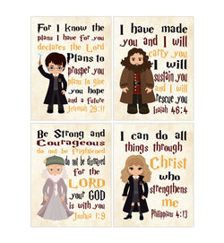 Harry Potter Christian Nursery Decor Set of 4 Prints with Dumbledore, Hagrid and Hermione with Parchment Background