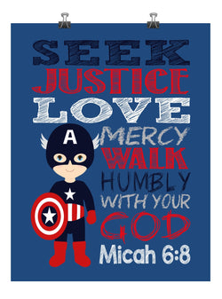 Captain America Superhero Christian Nursery Decor Print - Seek Justice Love Mercy - Micah 6:8