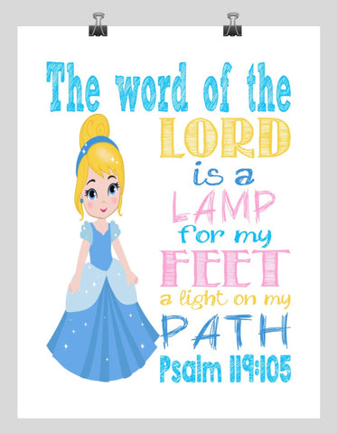 Cinderella Christian Princess Nursery Decor Wall Art Print - The word of the Lord is a lamp for my feet Psalm 119:105