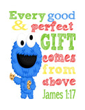 Sesame Street Christian Nursery Decor Set of 4 Prints, Big Bird, Cookie Monster, Elmo and Snuffleupagus with Bible Verses