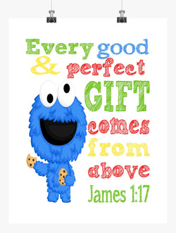 Cookie Monster Sesame Street Christian Nursery Decor Print, Every Good and Perfect Gift Comes From Above - James 1:17