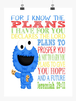 Cookie Monster Sesame Street Christian Nursery Decor Print, For I Know The Plans I Have For You, Jeremiah 29:11