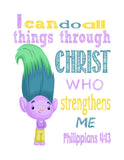 Trolls Christian Nursery Decor Set of 4 Prints, Poppy, Dj Suki, Creek and Smidge with Bible Verses