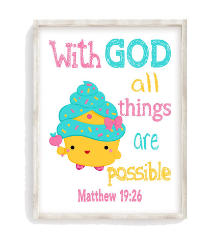 Cupcake Queen Shopkins Christian Nursery Decor Unframed Print With God All Things Are Possible Matthew 19:26