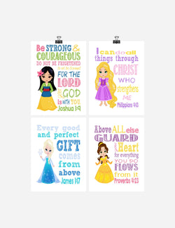 Princess Christian Nursery Decor Set of 4 Unframed Prints Mulan, Rapunzel, Elsa and Belle with Bible Verses