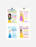 Princess Set of 4 - Christian Nursery Decor Wall Art Print - Mulan, Rapunzel, Elsa and Belle - Bible Verse - Multiple Sizes
