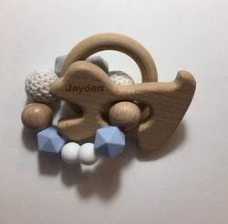 Engraved Personalized Puppy Dog Montessori Wooden Teether Rattle Organic Wood Teething Ring Gift for Baby Shower
