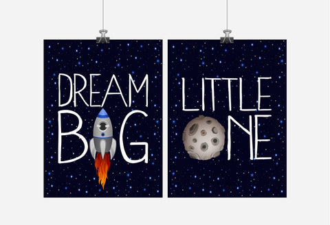 Outer Space Astronaut Moon and Rocket Boy Nursery Decor Set of 2 Unframed Prints - Dream Big Little One
