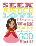 Elena Christian Princess Nursery Decor Wall Art Print - Seek Justice Love Mercy - Micah 6:8 Bible Verse - Multiple Sizes
