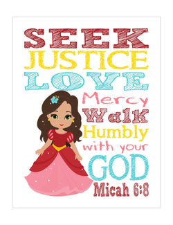 Elena Christian Princess Nursery Decor Wall Art Print - Seek Justice Love Mercy - Micah 6:8 Bible Verse - Multiple Sizes