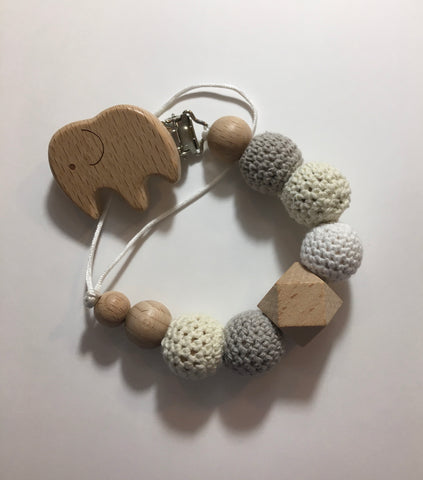 Elephant Natural Wooden Changeable Pacifier Holder Clip Strap, Dummy Clip, baby shower gift