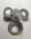 Engraved Personalized Crochet Elephant Montessori Wooden Teether Rattle Organic Wood Teething Ring Gift for Baby Shower