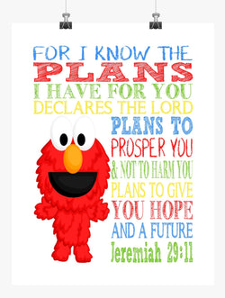 Elmo Sesame Street Christian Nursery Decor Print, For I Know The Plans I Have For You, Jeremiah 29:11
