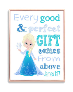 Elsa Frozen Princess Christian Nursery Decor Print, Every Good and Perfect Gift Comes From Above - James 1:17