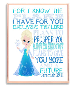 Frozen Christian Princess Elsa Nursery Decor Wall Art Print - For I Know The Plans I Have For You - Jeremiah 29:11